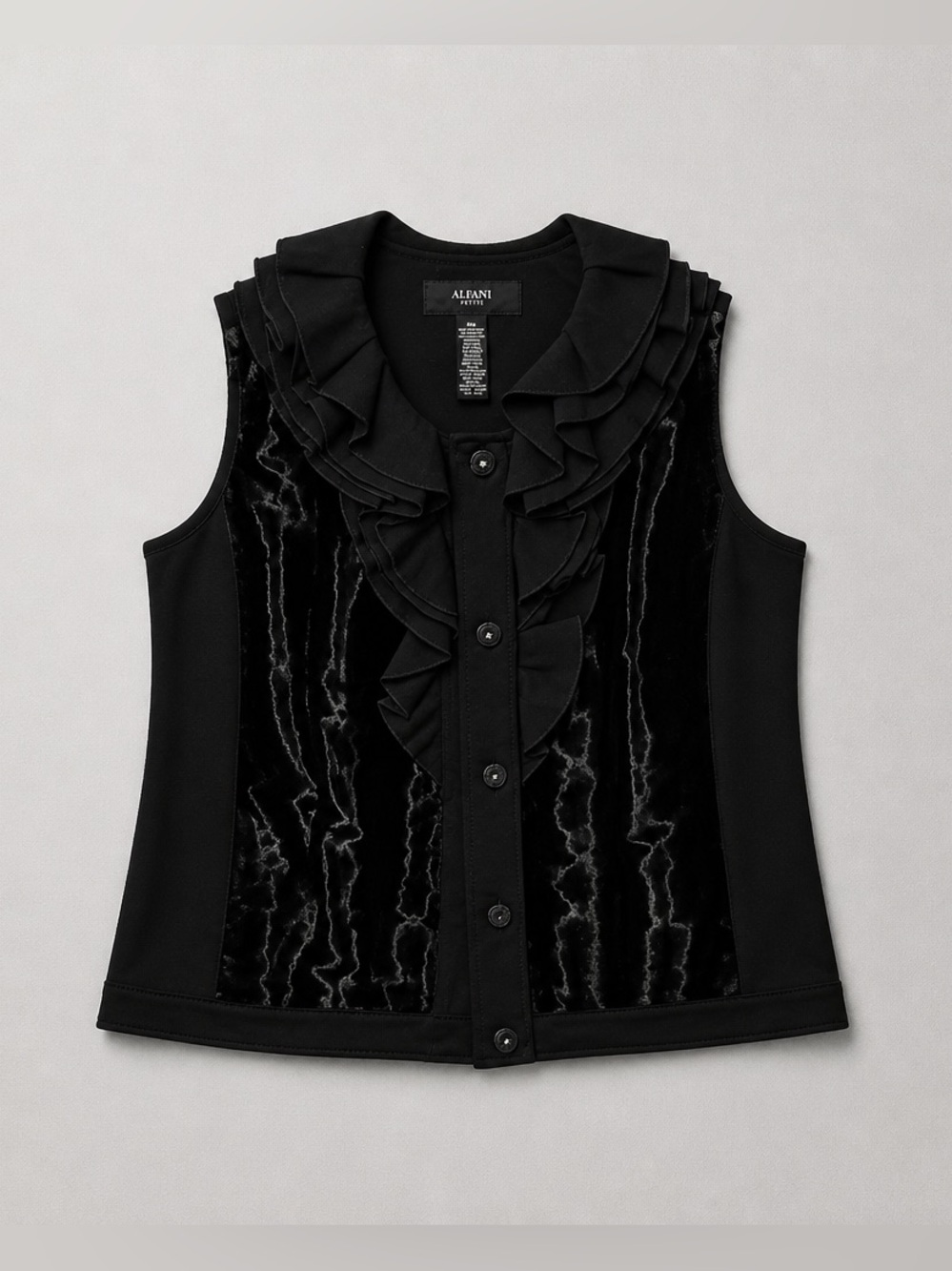 Alfani Black Velvet-Panel Ruffle Collar Sleeveless Blouse